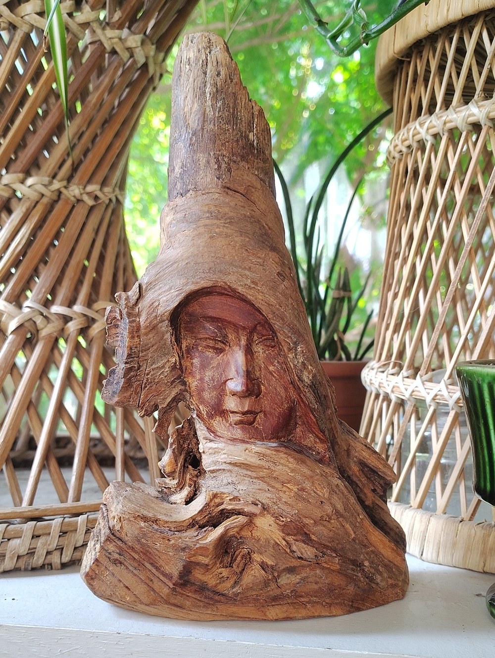 Vintage Hand-Carved Driftwood Face Sculpture - Natural Brown Home Art